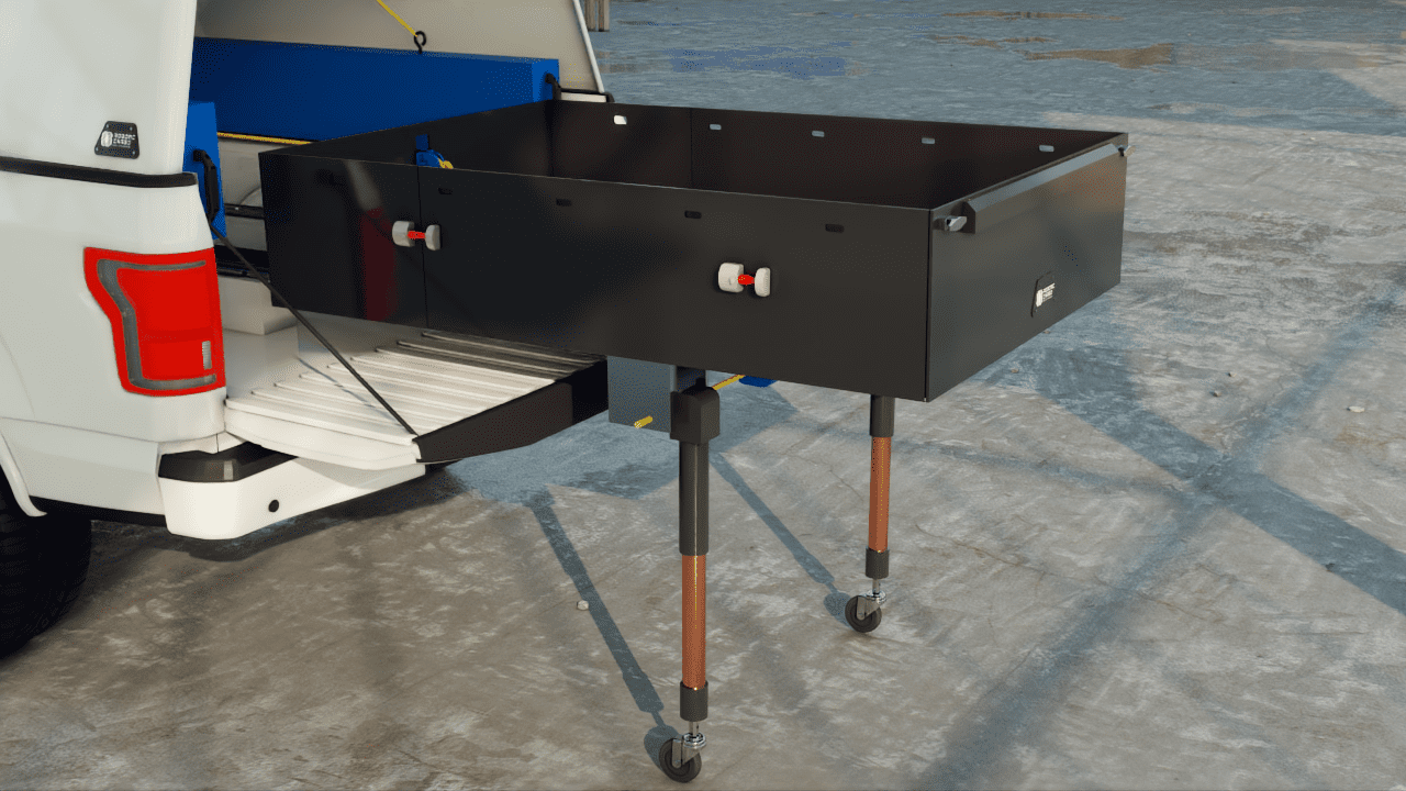 Automated Main Load tray extends on self-leveling legs for easy operation on unpaved and angled surfaces