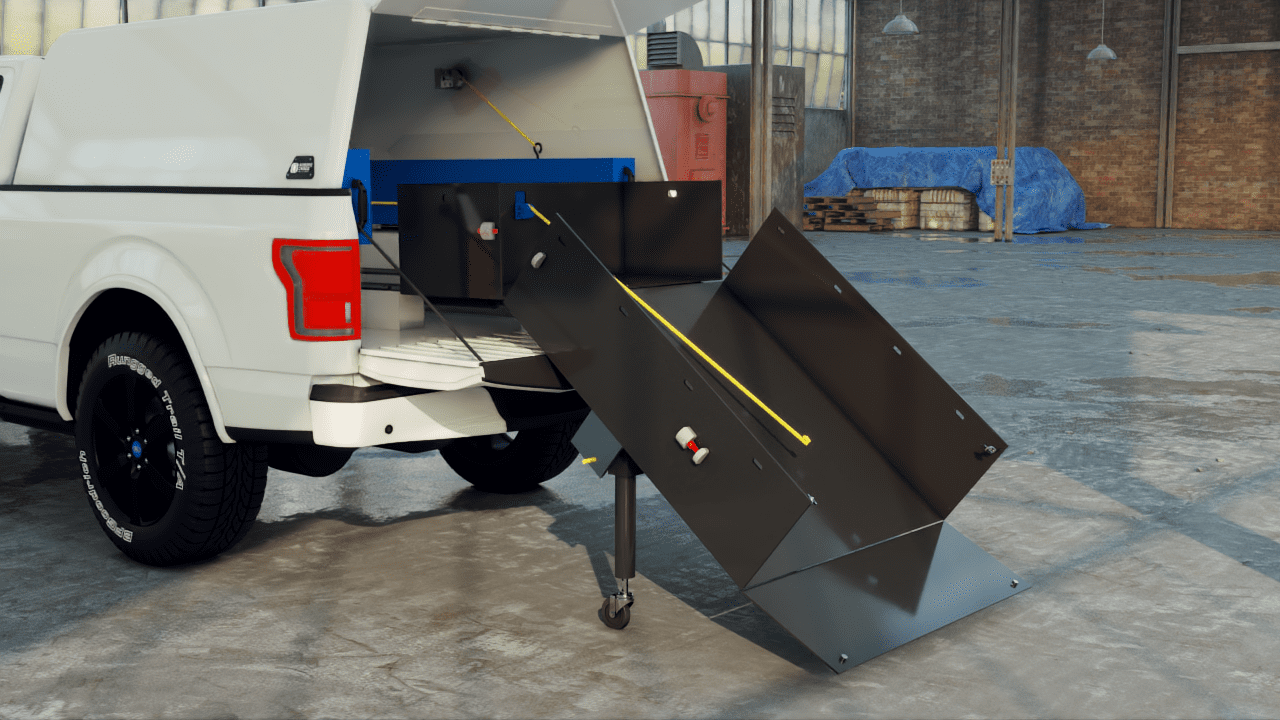 Tray “tailgate’ locks into place to serve as loading ramp.